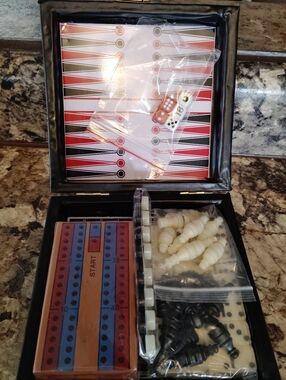 Compact Backgammon & Board Game Set in Black with Red & Cream Accents